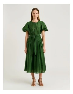 LIGHT LYOCELL BLEND BLOUSON SLEEVE MIDI DRESS