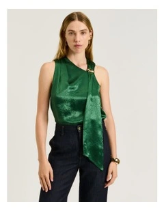 Crushed Acetate Tie Neck Top in Green