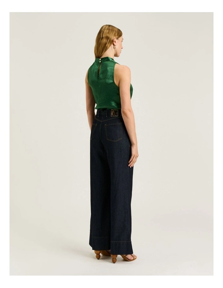 Crushed Acetate Tie Neck Top in Green image 2