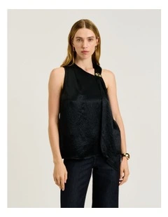 Crushed Acetate Tie Neck Top in Black