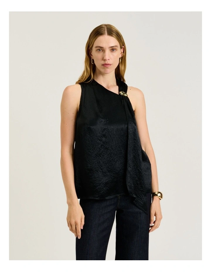 Crushed Acetate Tie Neck Top in Black image 1