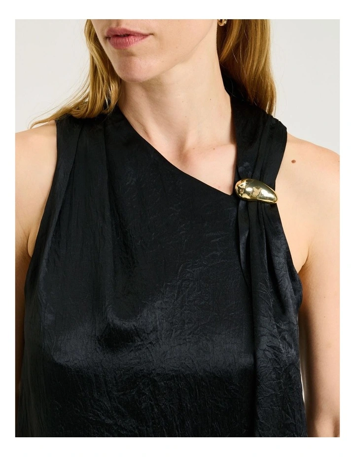 Crushed Acetate Tie Neck Top in Black image 3