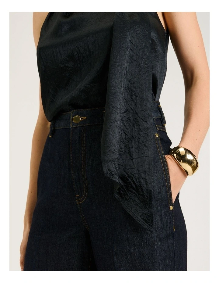 Crushed Acetate Tie Neck Top in Black image 4