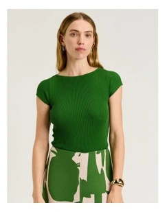 Ribbed Cap Sleeve Boat Neck Knit in Green