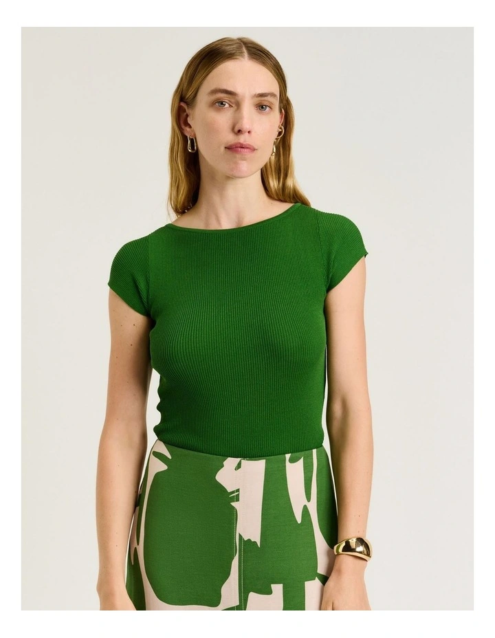 Ribbed Cap Sleeve Boat Neck Knit in Green image 1