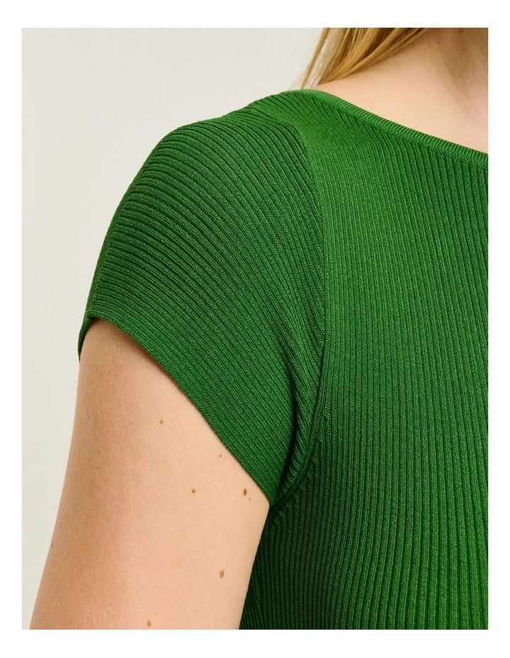 Ribbed Cap Sleeve Boat Neck Knit in Green image 3