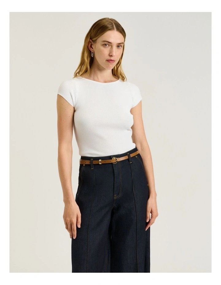 Ribbed Cap Sleeve Boat Neck Knit in White image 1