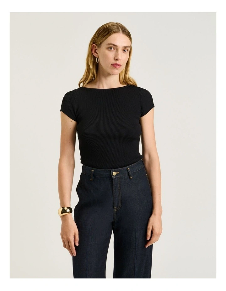 Ribbed Cap Sleeve Boat Neck Knit in Black image 1