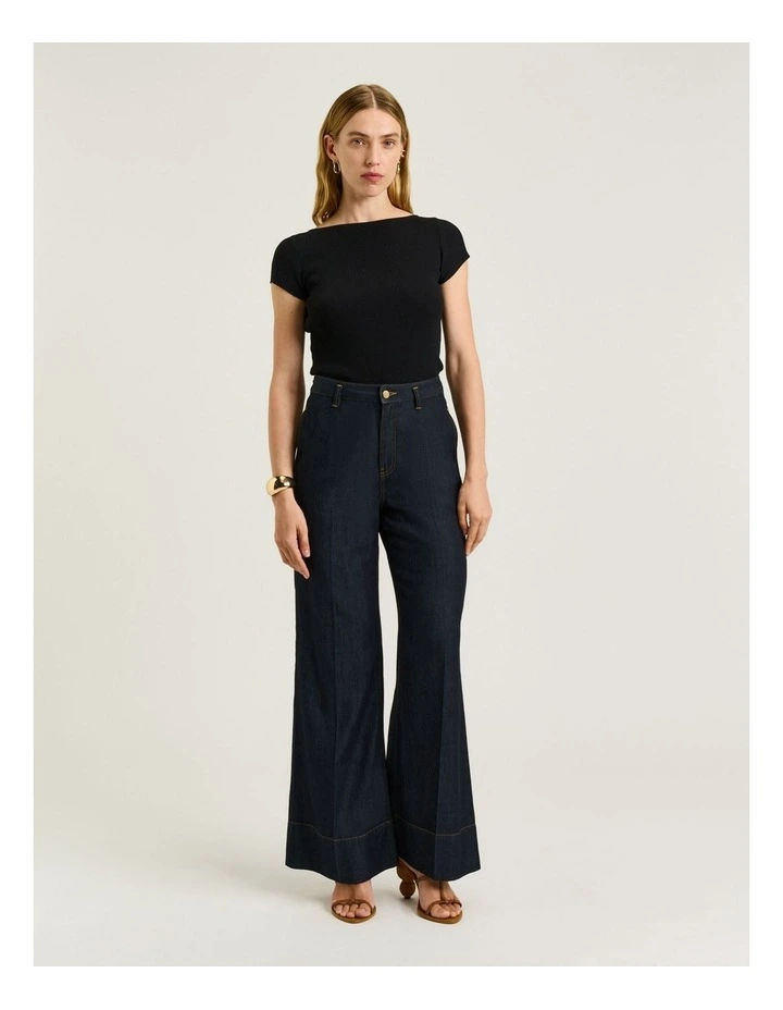 Ribbed Cap Sleeve Boat Neck Knit in Black image 3