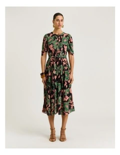 Batik Bloom Georgette Dress in Noir