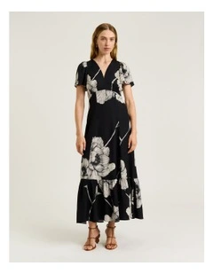 Petite Poppy Viscose Linen Ruffle Dress in Black