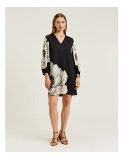 Poppy Twill Blouson Sleeve Shift Dress in Black