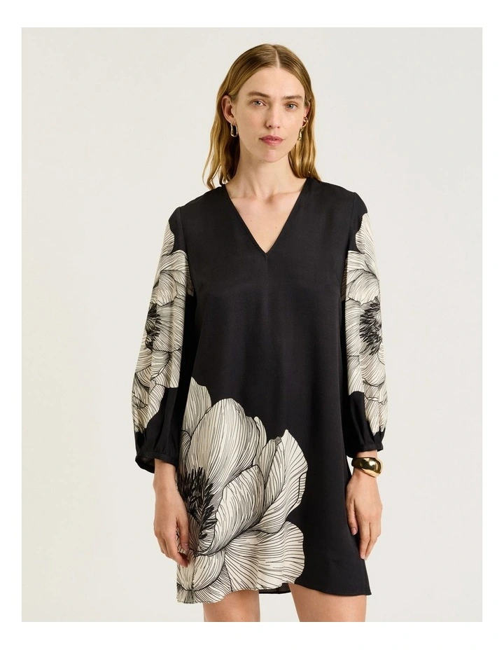 Poppy Twill Blouson Sleeve Shift Dress in Black image 3