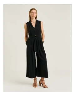 Rayon Blend Belted Jumpsuit in Black