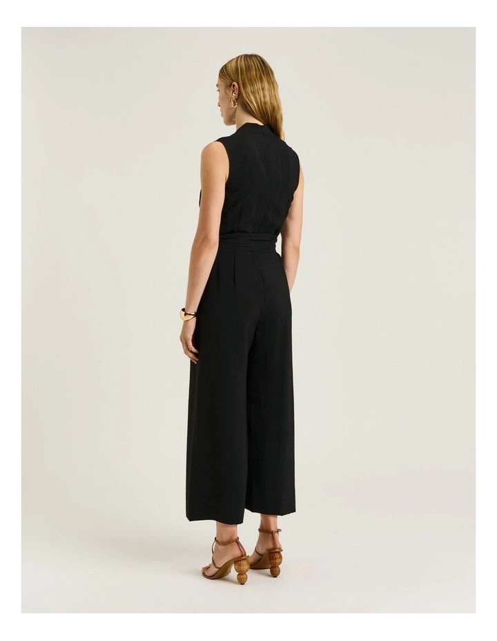 Rayon Blend Belted Jumpsuit in Black image 2