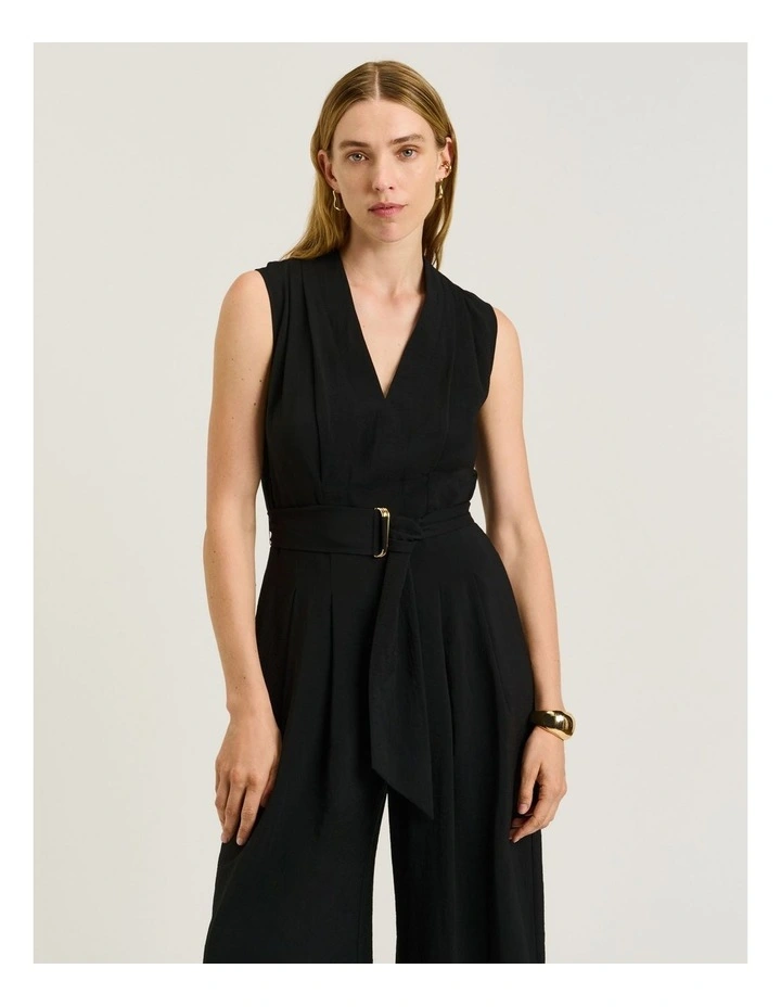 Rayon Blend Belted Jumpsuit in Black image 3