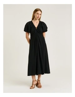 Rayon Blend Gathered V Neck Dress in Black