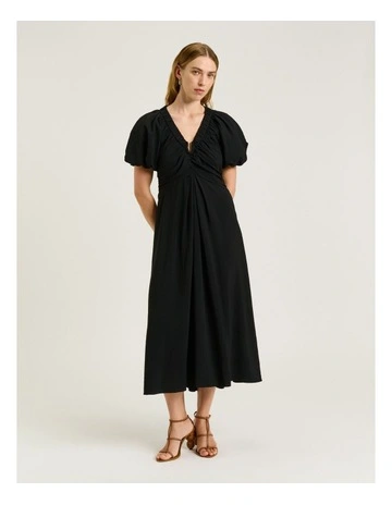 Rayon Blend Gathered V Neck Dress in Black
