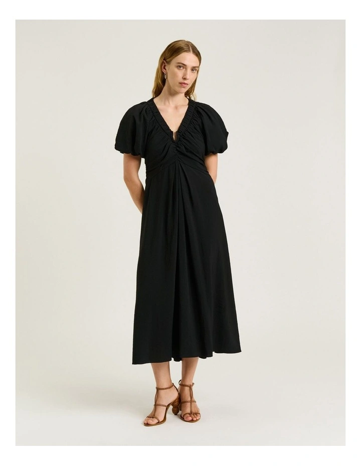 Rayon Blend Gathered V Neck Dress in Black image 1