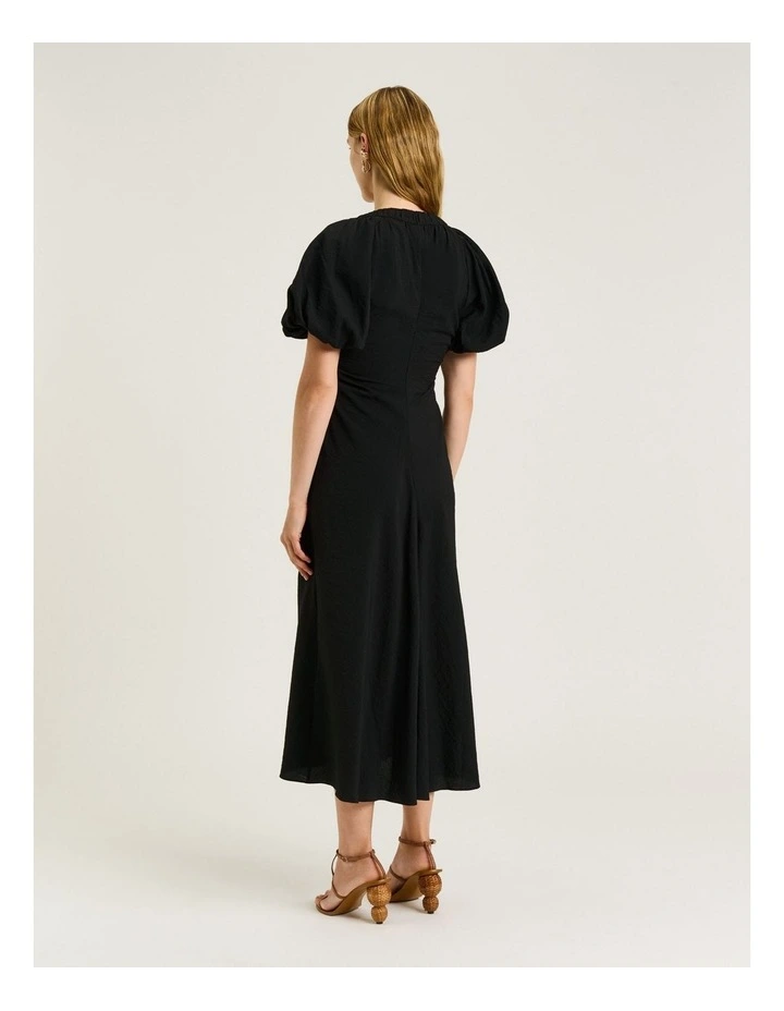 Rayon Blend Gathered V Neck Dress in Black image 2