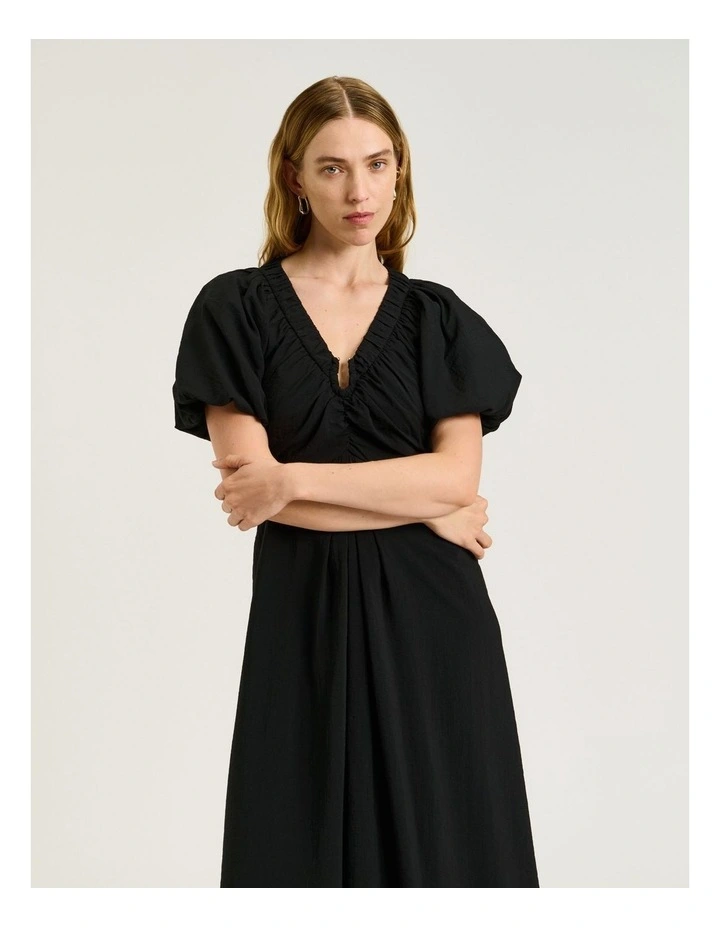 Rayon Blend Gathered V Neck Dress in Black image 3