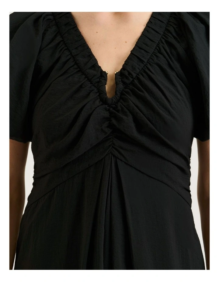 Rayon Blend Gathered V Neck Dress in Black image 4