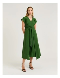 Rayon Blend Tie Waist Midi Dress in Green