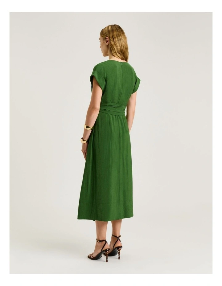 Rayon Blend Tie Waist Midi Dress in Green image 2