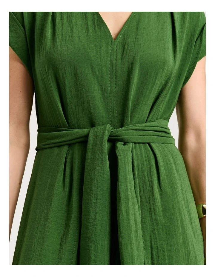 Rayon Blend Tie Waist Midi Dress in Green image 4