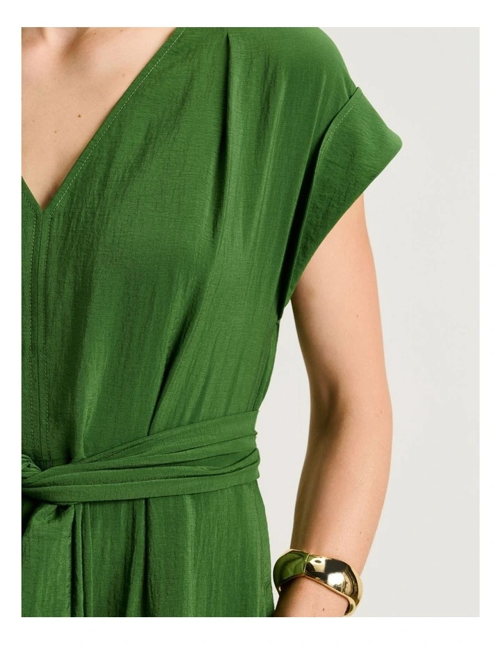 Rayon Blend Tie Waist Midi Dress in Green image 5