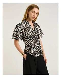 Abstract Zebra Blouson Sleeve Shirt