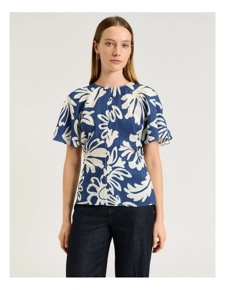 CHAMBRAY FILIGREE BELL SLEEVE TOP image 1