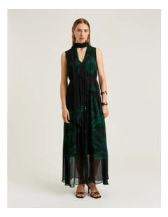 Emerald Palm Crinkle Georgette Maxi Dress in Green