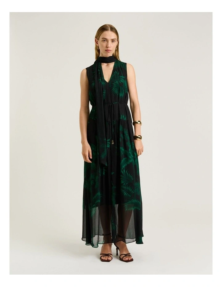 Emerald Palm Crinkle Georgette Maxi Dress in Green image 1