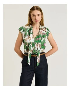 Ivory Batik Bloom Tie Neck Top