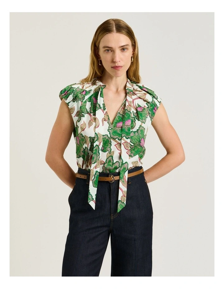 Ivory Batik Bloom Tie Neck Top image 1