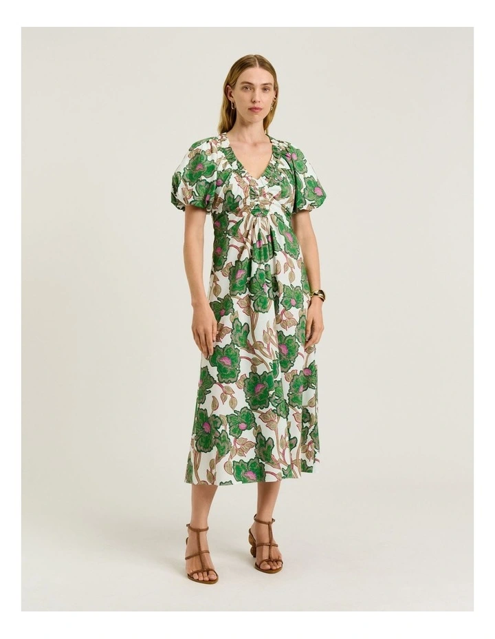 Ivory Batik Bloom Gathered V Neck Dress image 1