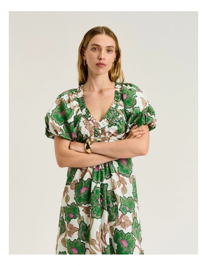 Ivory Batik Bloom Gathered V Neck Dress image 3