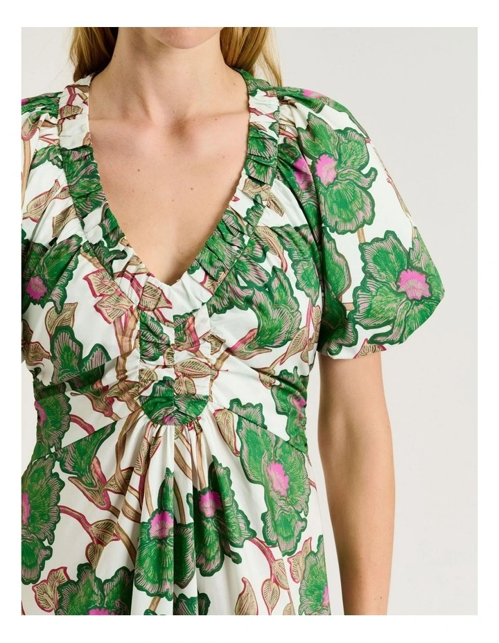 Ivory Batik Bloom Gathered V Neck Dress image 4