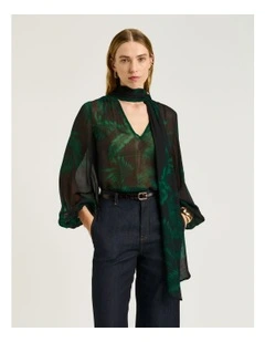Emerald Palm Crinkle Georgette Blouse in Green