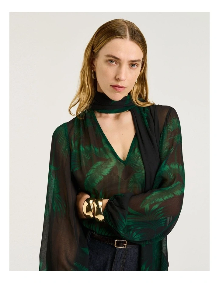 Emerald Palm Crinkle Georgette Blouse in Green image 3