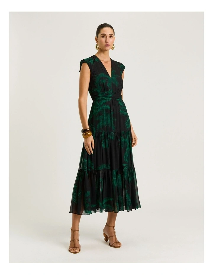 Emerald Palm Crinkle Georgette Midi Dress in Green image 1