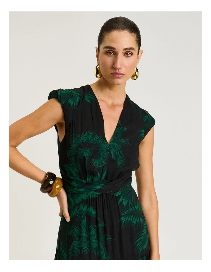 Emerald Palm Crinkle Georgette Midi Dress in Green image 3