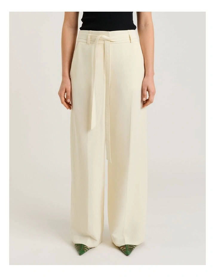 CREAM EUROPEAN LYOCELL LINEN BELTED PANT image 1