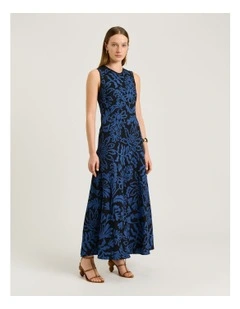 BLUE PETITE FILIGREE EMPIRE MIDI DRESS