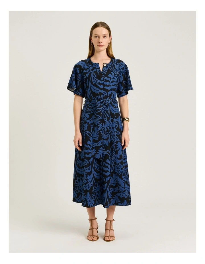 BLUE PETITE FILIGREE BELTED MIDI DRESS image 1