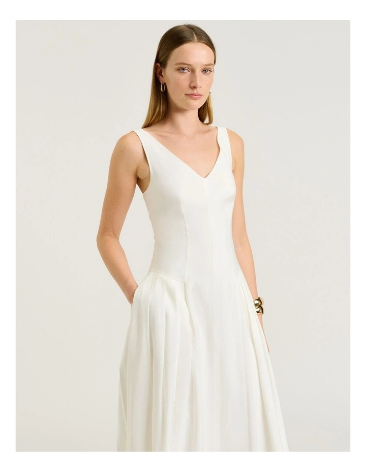 IVORY DRAPEY MODAL BLEND V NECK MIDI DRESS image 3