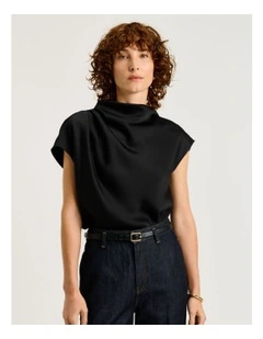 CREPE BACK SATIN DRAPE NECK TOP