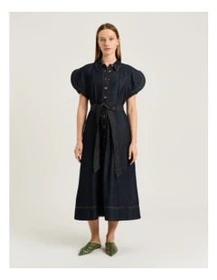 Cotton Lyocell Belted Shirtdress in Blue
