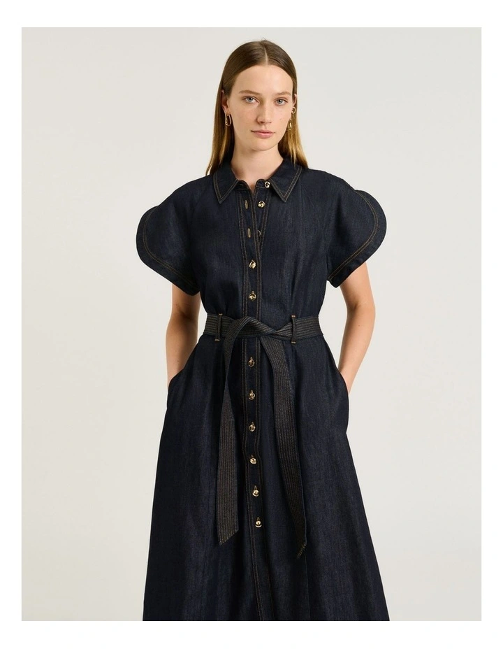 Cotton Lyocell Belted Shirtdress in Blue image 3